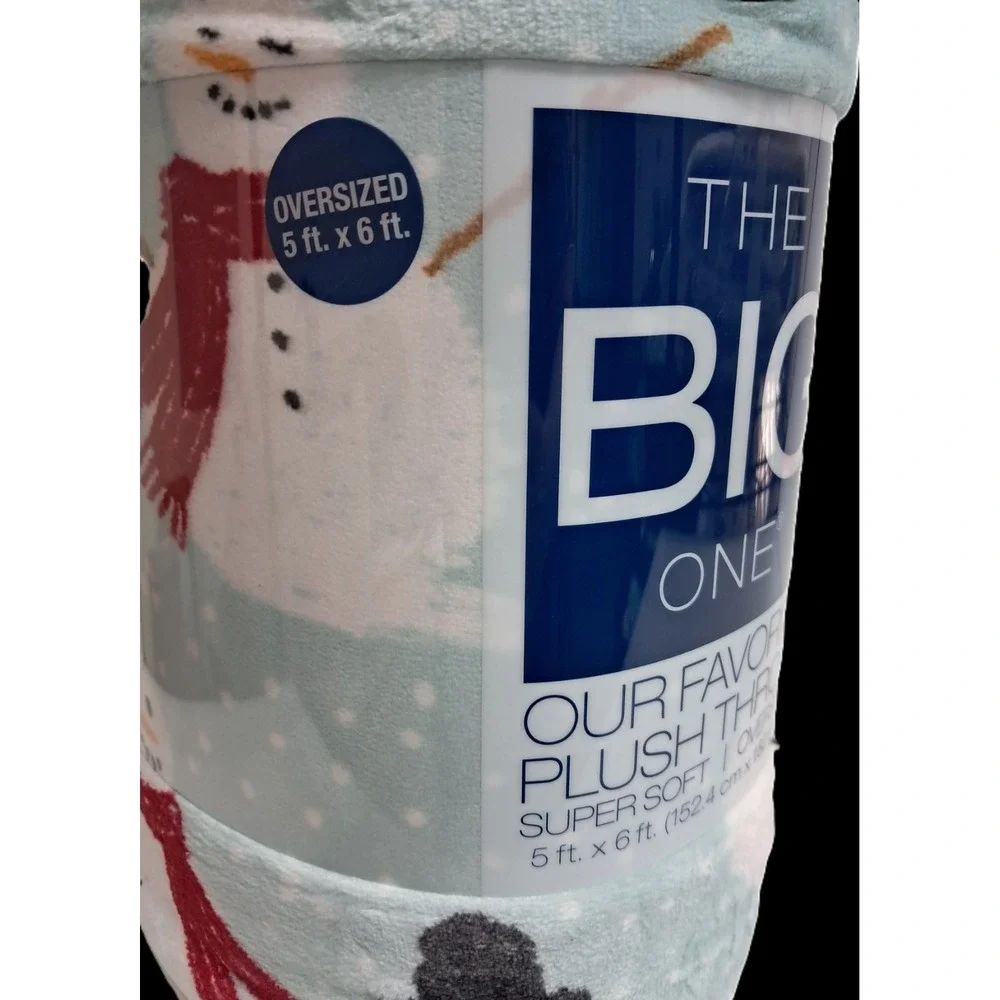 Christmas Plush‎ Throw Blanket 5' x 6', Soft and Cozy, Lt Blue, Snowman Design